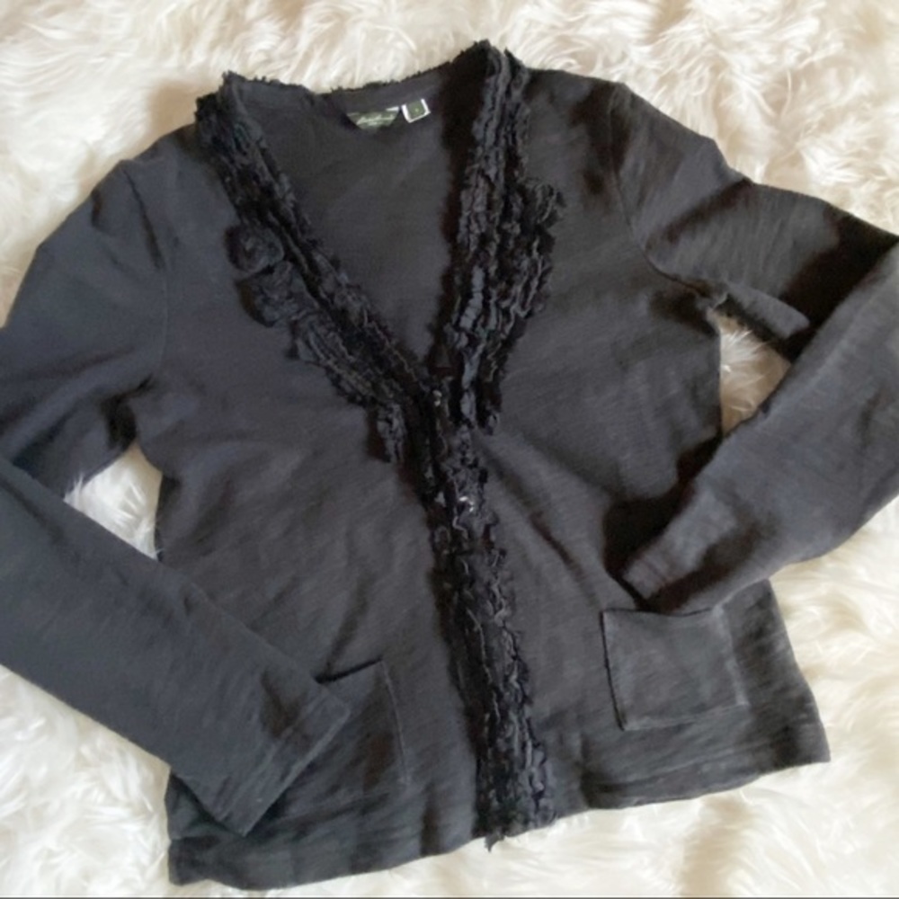 Eddie Bauer Gray V Neck Ruffle Trim Cardigan Small